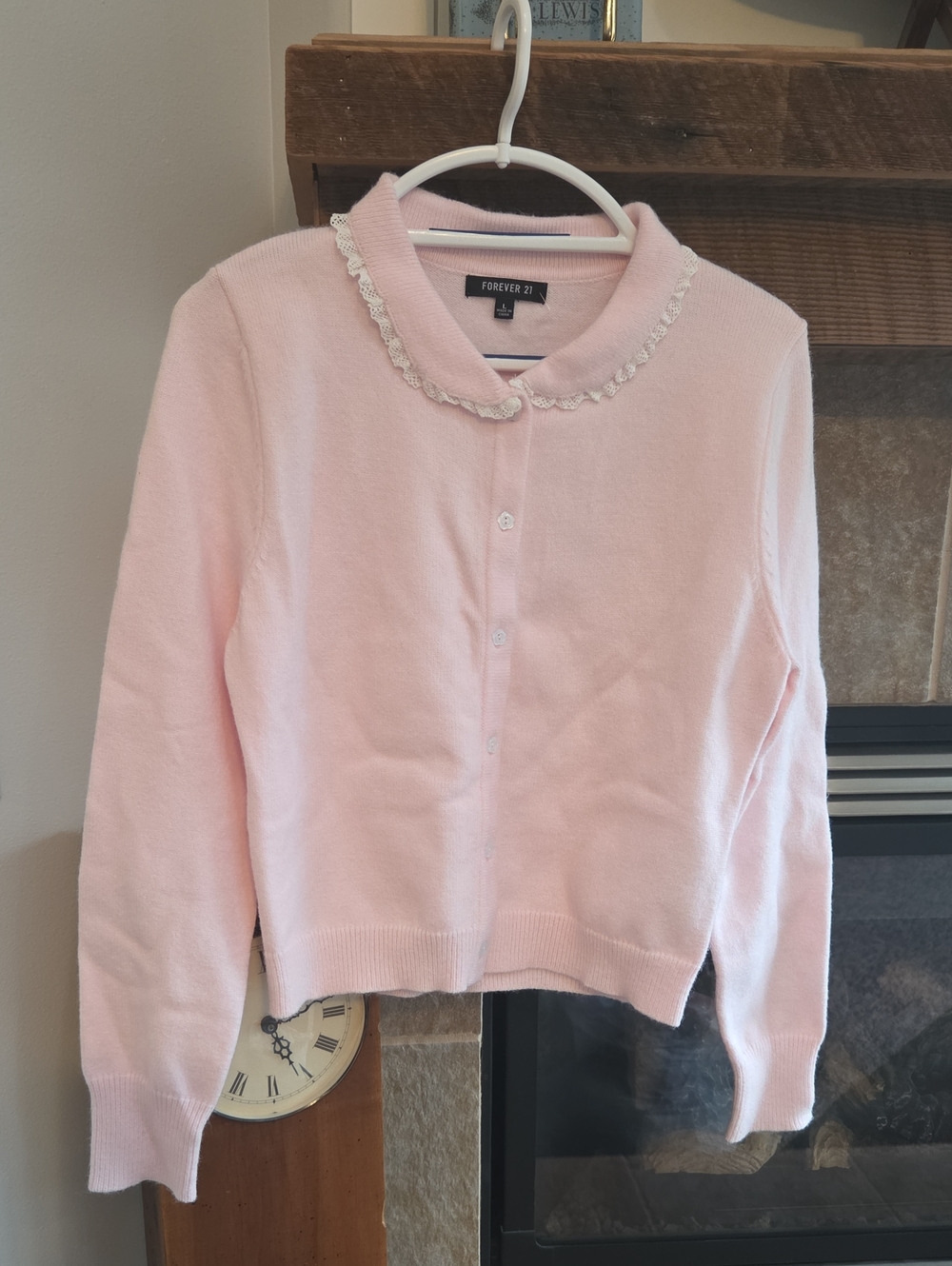 Forever 21 Light Pink Lace Collar Flower Button Cardigan Size Large Nylon Wool
